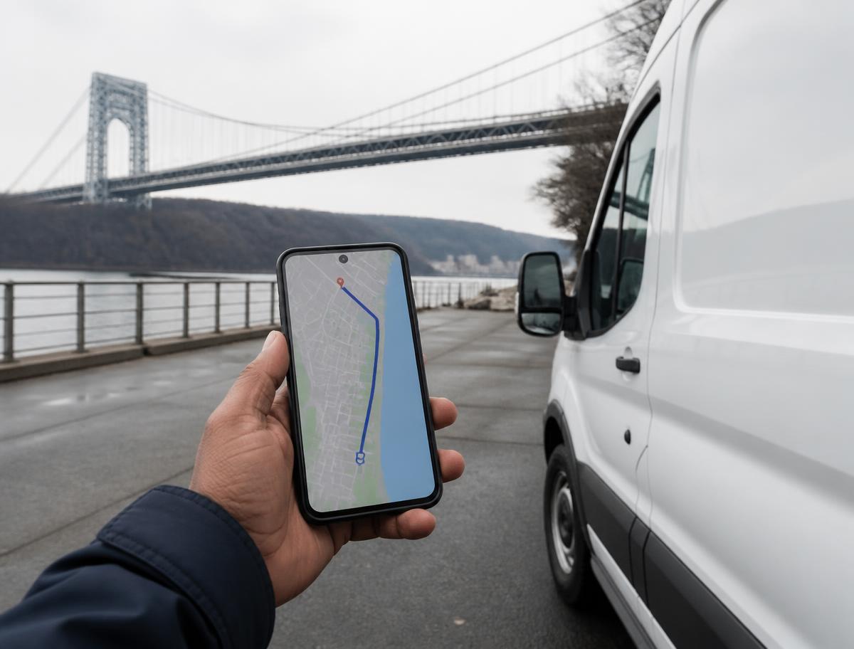 Courier checking a delivery route on a phone beside a van with the New Jersey waterfront behind