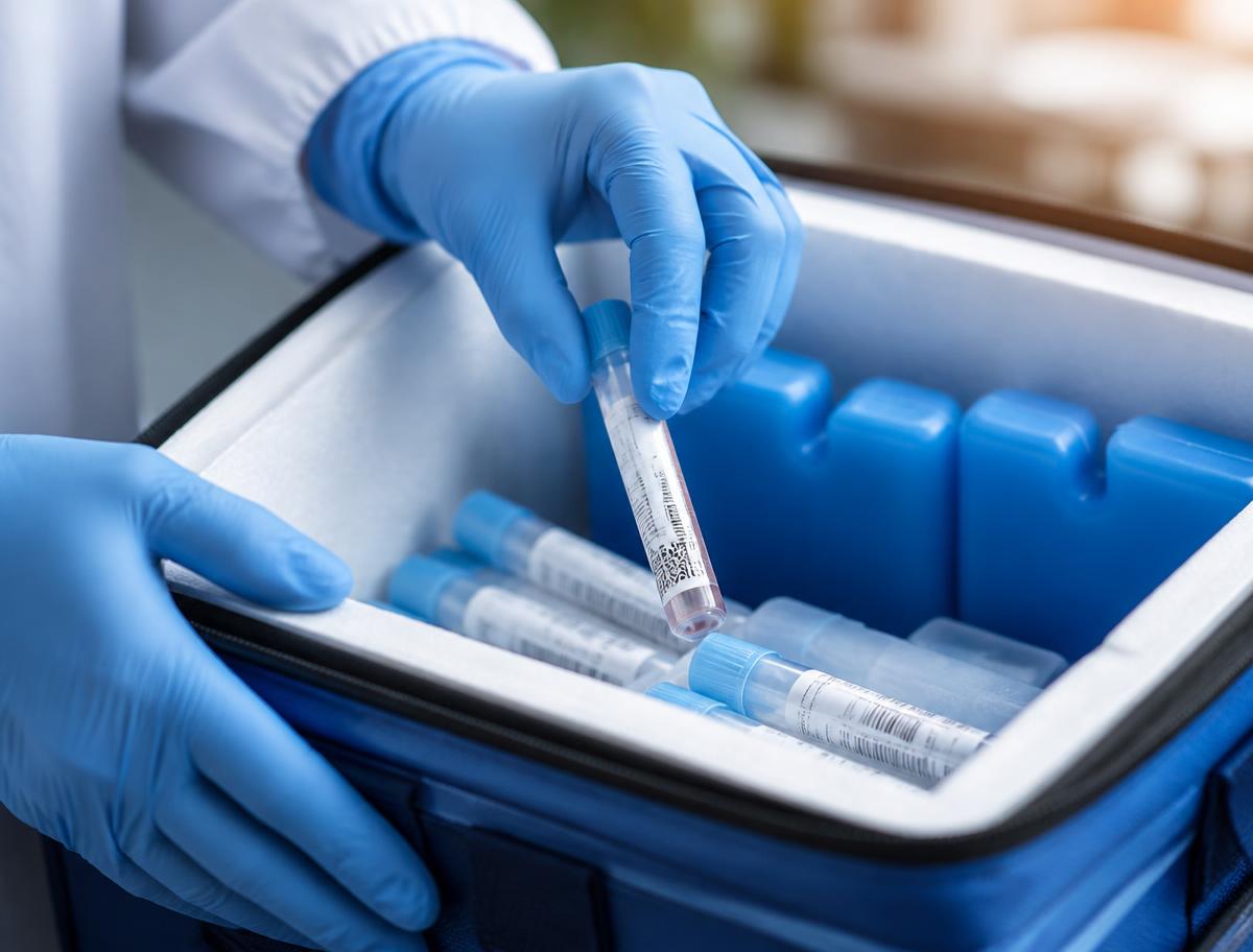 Gloved hands placing labeled laboratory specimen tubes into an insulated transport cooler