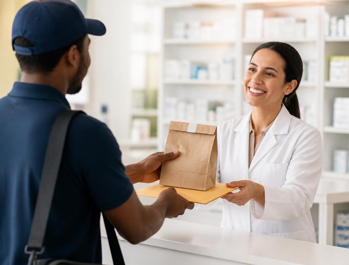Courier handing a sealed prescription bag and document envelope across a pharmacy counter